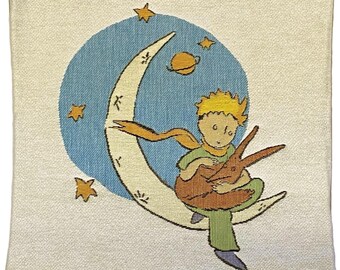 PETIT PRINCE With Fox Renard on the Moon Lune BELGIAN Jacquard Woven Hand Finished Tapestry Pillow Cushion Cover, 33cm x 33cm, 13" x 13"