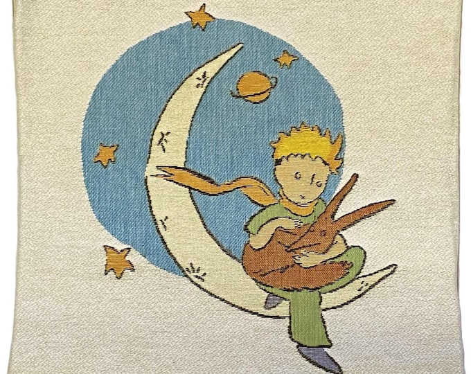 PETIT PRINCE With Fox Renard on the Moon Lune BELGIAN Jacquard Woven Hand Finished Tapestry Pillow Cushion Cover, 33cm x 33cm, 13" x 13"