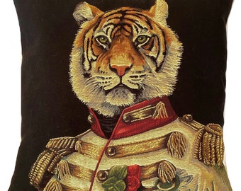 Aristocratic Military Safari Tiger Animal BELGIAN Belgium Jacquard WOVEN Hand Finished 46cm x 46cm 18" x 18" Tapestry Pillow Cushion Cover