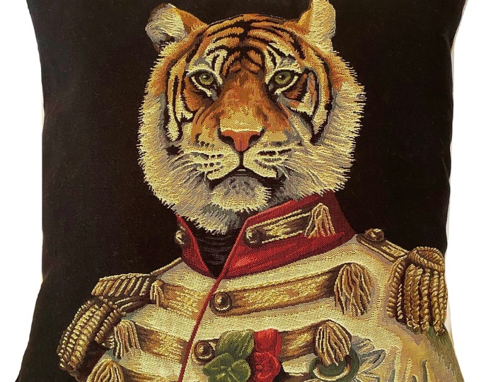 Aristocratic Military Safari Tiger Animal BELGIAN Belgium Jacquard WOVEN Hand Finished 46cm x 46cm 18" x 18" Tapestry Pillow Cushion Cover