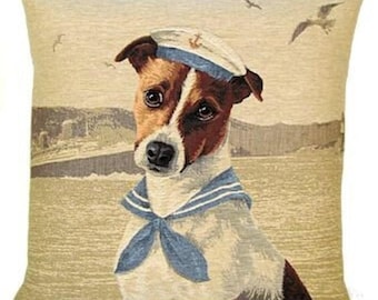 Jack Russell Terrier Dog Sailor , BELGIAN Jacquard WOVEN Hand Finished Tapestry Pillow Cushion Cover, 46cm x 46cm, 18" x 18", 1751C