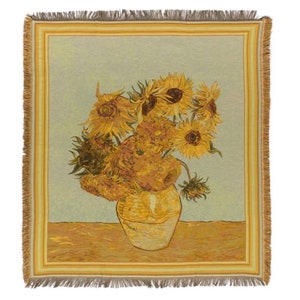 BELGIAN Jacquard Woven 150cm x 150cm Vincent Van GOGH  Sunflowers TAPESTRY Table Chair Sofa Throw Bed Spread Occasional Cover with Tassels