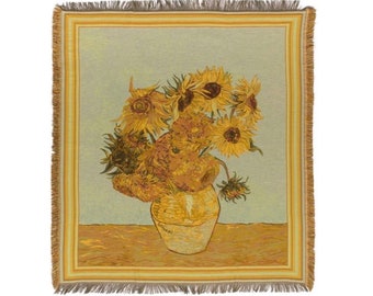 BELGIAN Jacquard Woven 150cm x 150cm Vincent Van GOGH  Sunflowers TAPESTRY Table Chair Sofa Throw Bed Spread Occasional Cover with Tassels