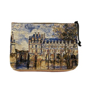 Bolsa de maquillaje y artículos de tocador de gran tamaño con diseño de Castillo de Chenonceau, con acabado a mano, de TAPIZ BELGA, 23 cm x 16 cm, con cremallera