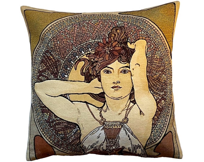 Alphonse MUCHA Amethyst Amethyste BELGIAN Belgium Jacquard WOVEN Hand Finished Tapestry Pillow Cushion Cover, 47cm x 47cm, 18" x 18"