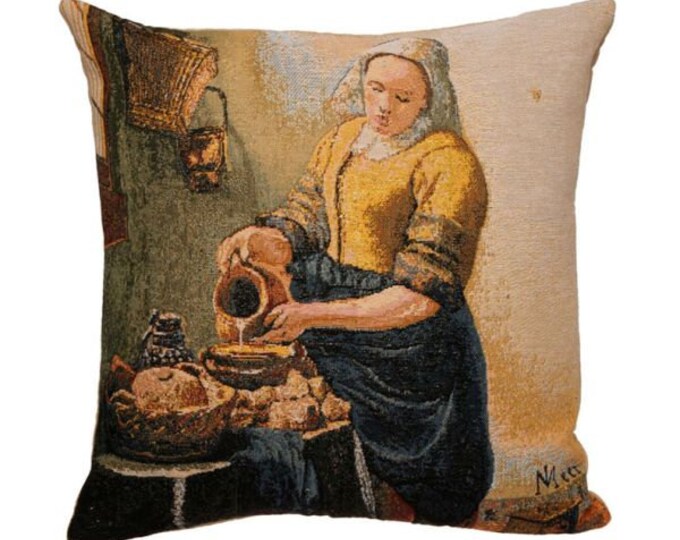 Johannes VERMEER The Milkmaid Kitchen Maid BELGIAN Belgium Jacquard WOVEN Hand Finished Tapestry Pillow Cushion Cover, 46cm x 46cm 18" x 18"