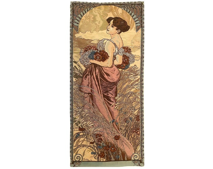 Hand Finished 45cm x 100cm FRENCH GOBELIN Tapestry Wall Hanging of Alphonse MUCHA'S Seasons Été / Summer, fully lined with rod sleeve
