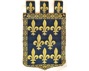Fleur de Lys Coat of Arms, 29.5" x 18" 75cm x 46cm BELGIAN Belgium jacquard woven lined tapestry wall art hanging with hanging loops.