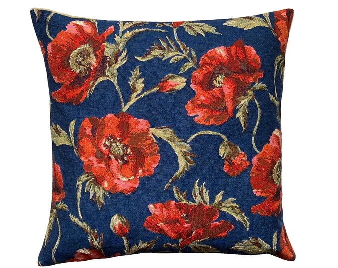 Large Red POPPIES on Blue Background, BELGIAN Belgium Jacquard WOVEN Hand Finished Tapestry Pillow Cushion Cover, 46cm x 46cm, 18" x 18"