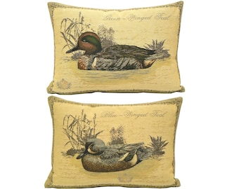 Set of 2 Duck BELGIAN Belgium Jacquard WOVEN Hand Finished 46cm x 33cm 18" x 13" Tapestry Pillow Cushion Covers, Green Teal & Blue Teal