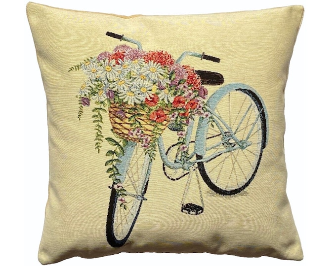 Country Flowers Bicycle Hand Finished Tapestry Pillow Cushion Cover, Zip, Soft Touch Velvet Cotton Reverse 44cm x 44cm 17" x 17"