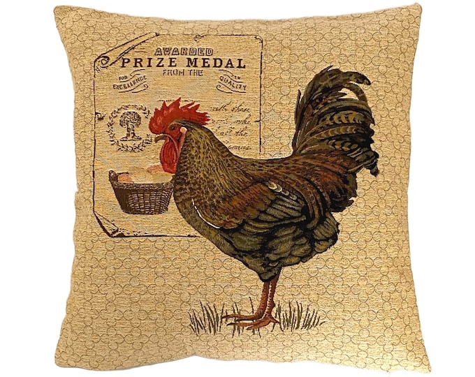 Rooster Cockerel Chicken "PRIZE MEDAL" Belgian Jacquard Woven Hand Finished 100% Cotton 18" 46cm Tapestry Cushion Pillow Cover