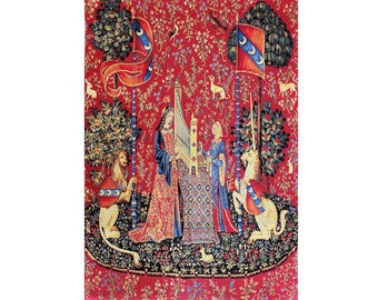 Cluny Lady & the Unicorn The Hearing BELGIAN Belgium jacquard woven tapestry wall hanging 99cm x 70cm, 39" x 27.6", fully lined + rod sleeve
