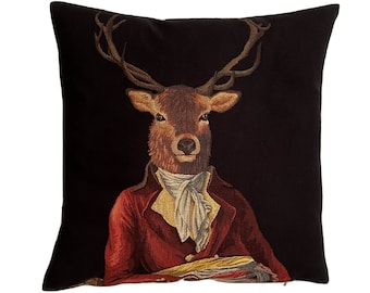 BELGIAN JACQUARD WOVEN Hand Finished Forest Animals Fauve Fine Arts Tapestry Pillow Cushion Cover, Aristodeer Deer Stag, gold lurex 46cm 18"