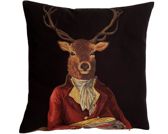 BELGIAN JACQUARD WOVEN Hand Finished Forest Animals Fauve Fine Arts Tapestry Pillow Cushion Cover, Aristodeer Deer Stag, gold lurex 46cm 18"