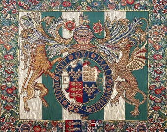 16th Century Royal Arms of England BELGIAN Belgium jacquard woven tapestry wall hanging, fully lined + rod sleeve, 27.6" x 32", 70cm x 81cm