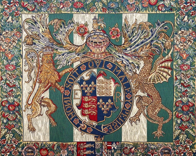 16th Century Royal Arms of England BELGIAN Belgium jacquard woven tapestry wall hanging, fully lined + rod sleeve, 27.6" x 32", 70cm x 81cm