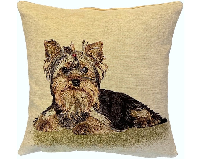 Yorkshire Terrier Yorkie Dog French Hand Finished Tapestry Pillow Cushion Cover, Zip, Soft Touch Velvet Cotton Reverse 44cm x 44cm 17" x 17"