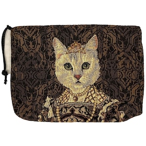 猫好きのベルギータペストリー トルース 財布 ポーチ トイレタリー コスメティックバッグ 20 CM x 15 CM、パールネックレスとティアラ/王冠をつけた堂々とした猫、ジッパー付き