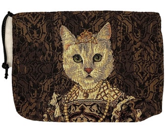 Cat lovers BELGIAN TAPESTRY Trousse Purse Pouch Toiletry Cosmetic Bag 20CM X 15CM, Regal Cat with Pearl Necklace & Tiara / Crown, with zip