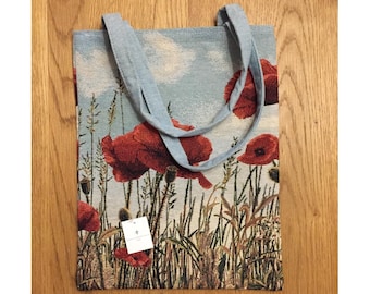 POPPIES Pavots FRENCH Tapestry Woven Hand Finished Tote Shoulder Bag Handbag with Matching Tapestry Straps / Handles