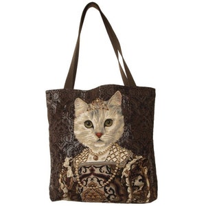 猫好きのベルギータペストリー ラージ ショッピングトートバッグ 46 cm x 46 cm、真珠のネックレスとティアラ/王冠をつけた堂々とした猫