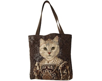 Cat lovers BELGIAN TAPESTRY LARGE Shopping Tote Bag 46cm X 46cm, Regal Cat with Pearl Necklace and Tiara / Crown