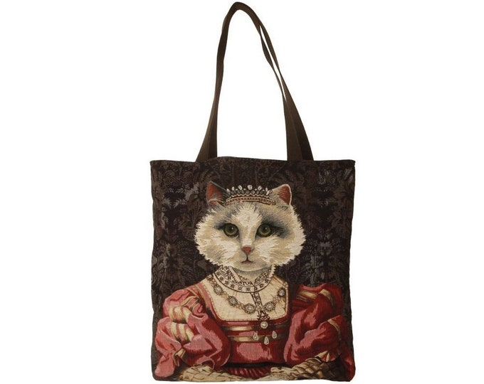 Cat lovers BELGIAN TAPESTRY Large Shopping Tote Bag 46cm X 46cm, Regal Cat with Red Dress and Tiara / Crown