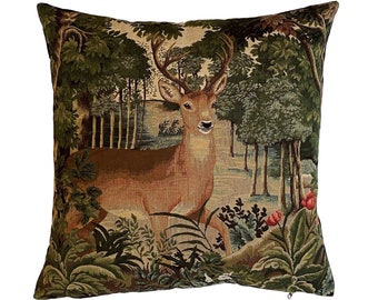 BELGIAN Jacquard WOVEN Hand Finished 100% Cotton Tapestry Cushion Pillow Cover Verdure Biche Deer Doe in Forest, Beige Velvet Back 47cm 18"