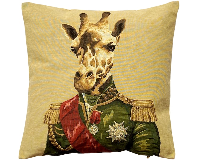Aristocratic Military Safari Giraffe Animal BELGIAN Belgium Jacquard WOVEN Hand Finished 46cm 18" Tapestry Pillow Cushion Cover, Velvet Back