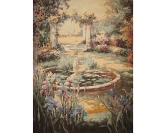 Garden Fountain Scene, BELGIAN Jacquard Woven Hand Finished TAPESTRY Wall Hanging, lined with hanging rod sleeve, 38" x 27" / 96cm x 69cm