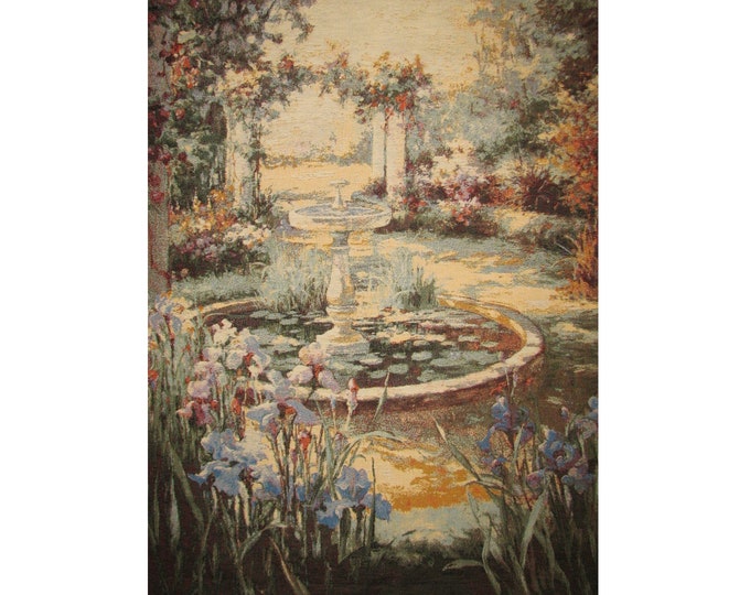 Garden Fountain Scene, BELGIAN Jacquard Woven Hand Finished TAPESTRY Wall Hanging, lined with hanging rod sleeve, 38" x 27" / 96cm x 69cm