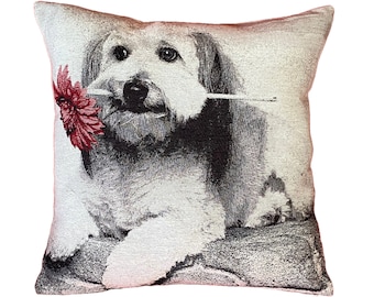 BELGIAN JACQUARD WOVEN Hand Finished Tapestry Pillow Cushion Cover, Dog With Red Flower, 16" x 16" 42cm x 42cm