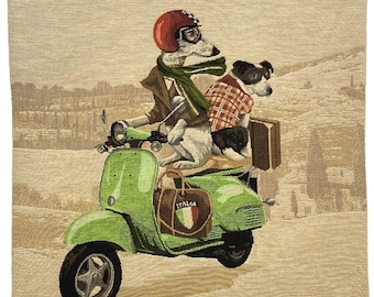Green Vintage Scooter Dog Racers BELGIAN Jacquard WOVEN Hand Finished Tapestry Pillow Cushion Cover with Beige Velvet Reverse 46cm 18" 1649C