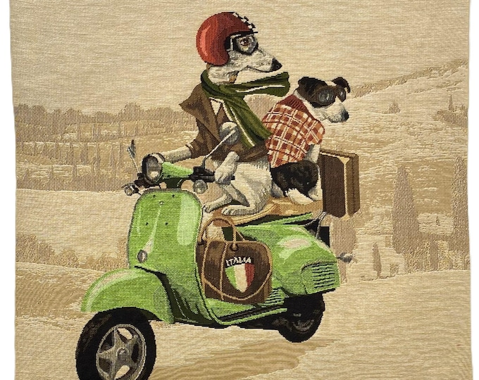Green Vintage Scooter Dog Racers BELGIAN Jacquard WOVEN Hand Finished Tapestry Pillow Cushion Cover with Beige Velvet Reverse 46cm 18" 1649C