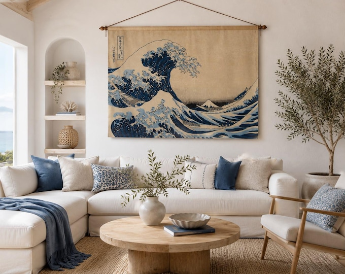 HOKUSAI Great Wave, 92cm x 71cm / 36" x 28" BELGIAN Jacquard Woven Hand Finished Tapestry, Lined with Hanging Rod Sleeve