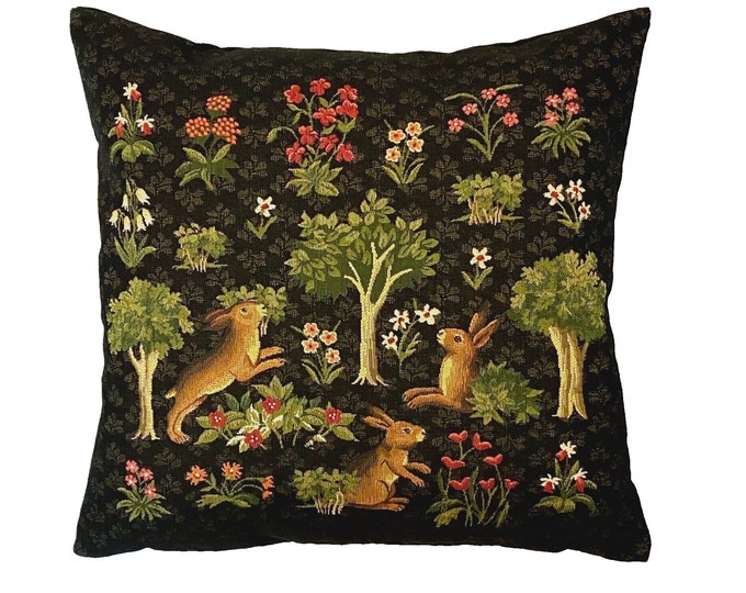 BELGIAN WOVEN Hand Finished 45cm x 45cm 18" x 18" Forest Rabbits With Millefleurs Design Tapestry Pillow Cushion Cover 4616, Black Reverse