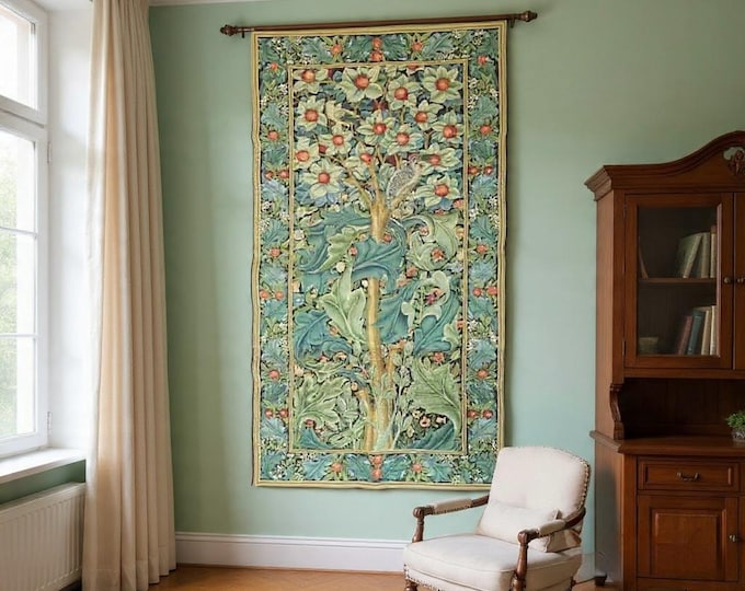 William MORRIS Woodpecker BELGIAN Jacquard WOVEN Hand Finished Tapestry Wall Hanging, 73.2" x 37.5" / 186cm x 95cm, Lined with Rod Sleeve