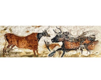 Reproduction of part of Lascaux Cave Paleolithic Paintings 69" BELGIAN jacquard woven tapestry wall hanging (R) fully lined with rod sleeve