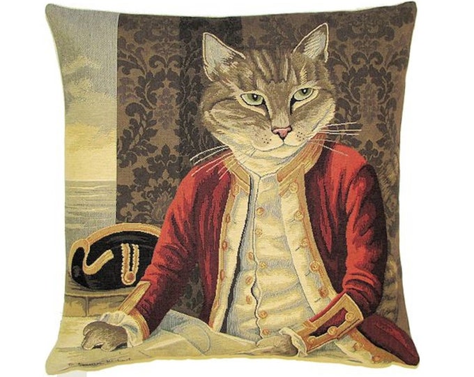 Susan Herbert Aristocat Captain Cook Cat, BELGIAN Belgium Jacquard WOVEN Hand Finished Tapestry Pillow Cushion Cover, 46cm x 46cm, 18" x 18"