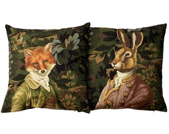 Fox & Hare set of 2 covers, Verdure Greenery Background BELGIAN WOVEN Hand Finished 46cm 18" Tapestry Cushion Pillow Cover Beige Velvet Back