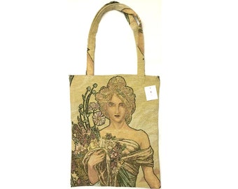 Alphonse MUCHA Seasons SPRING Printemps FRENCH Tapestry Woven Hand Finished Tote Shoulder Bag Handbag with Matching Tapestry Straps/Handles
