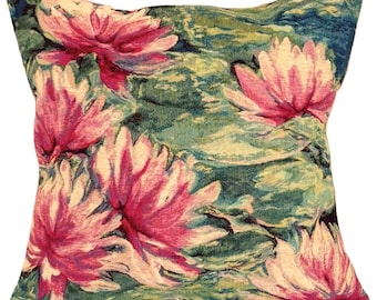 Nenuphars Rose Pink Water Lilies, BELGIAN Belgium Jacquard WOVEN Hand Finished Tapestry Pillow Cushion Cover, 46cm x 46cm, 18" X 18"