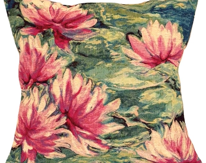 Nenuphars Rose Pink Water Lilies, BELGIAN Belgium Jacquard WOVEN Hand Finished Tapestry Pillow Cushion Cover, 46cm x 46cm, 18" X 18"