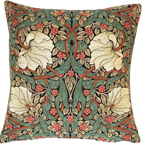 BELGIAN Jacquard WOVEN Hand Finished 47cm x 47cm 18&quot; x 18&quot; William MORRIS Pimpernel Design Tapestry Pillow Cushion Cover, Red/Green 625