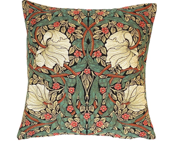 BELGIAN Jacquard WOVEN Hand Finished 47cm x 47cm 18" x 18" William MORRIS Pimpernel Design Tapestry Pillow Cushion Cover, Red/Green 625