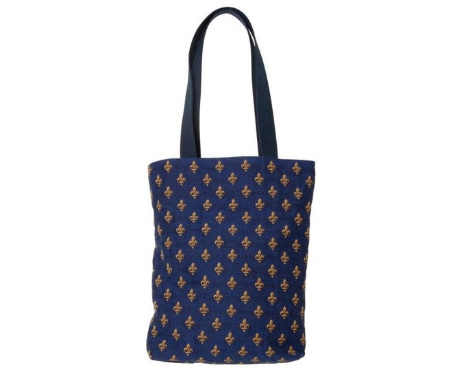 BELGIAN Tapestry Woven Hand Finished Tote Shoulder Bag Handbag, FLEUR de LYS Blue & Gold, Fauve Fine Arts, 38cm x 34cm Excluding Handles