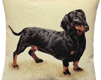 Dachshund Teckel Dog Hand Finished Tapestry Pillow Cushion Cover, Zip, Soft Touch Velvet Cotton Reverse 44cm x 44cm 17" x 17"
