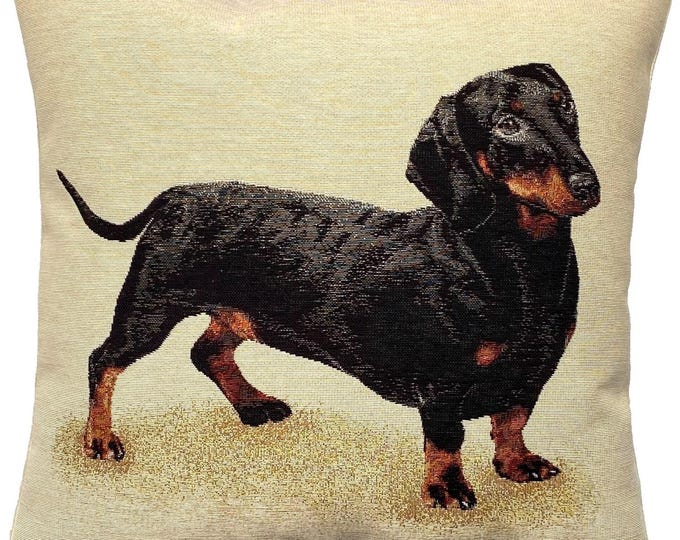 Dachshund Teckel Dog Hand Finished Tapestry Pillow Cushion Cover, Zip, Soft Touch Velvet Cotton Reverse 44cm x 44cm 17" x 17"