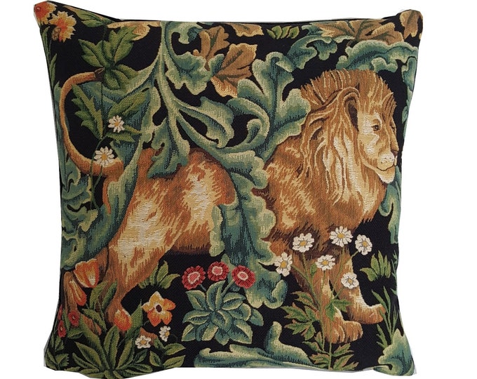 William Morris Design Black Forest Lion Belgian JACQUARD WOVEN in BELGIUM Hand Finished Tapestry Pillow Cushion Cover 47cm, 18.5" With Zip